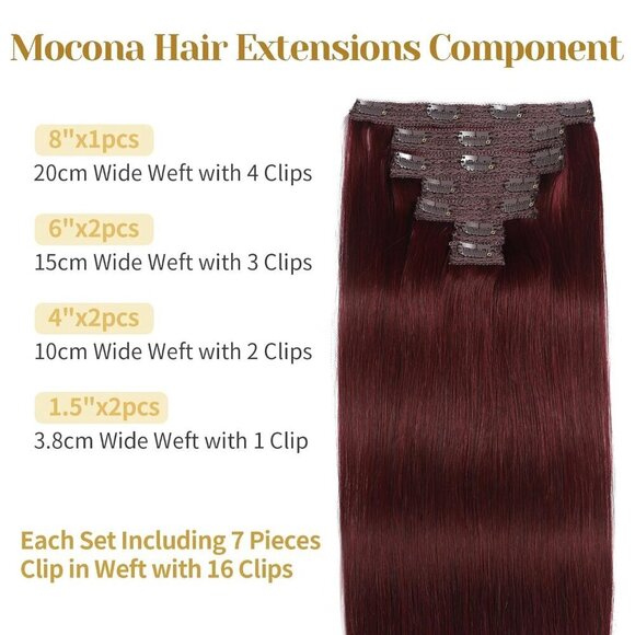 Clip in Hair Extensions Human Hair Burgundy Red 20 Inch 7pcs for Women main image 6